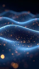 Wall Mural - Neon blue and golden particle waves visualizing futuristic innovations across sound light and artificial intelligence systems
