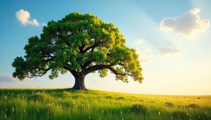 Wall Mural - A majestic oak tree sways gently in a breezy field, its branches reaching towards a vibrant, clear sky The sun illuminates the leaves, creating a dynamic scene of nature's gentle power , field, wild