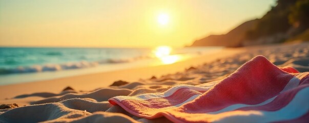 Wall Mural - Golden hour sunlight bathes a towel-covered beach scene Perfect for summer vacation, relaxation, and carefree vibes Ideal for travel and lifestyle blogs , rays, water, texture