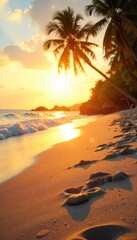 Wall Mural - Golden hour sunlight warms smooth, sun-drenched sand Perfect for relaxation and soaking up the summer rays A tranquil beach scene, ideal for travel and vacation imagery , calm, holiday
