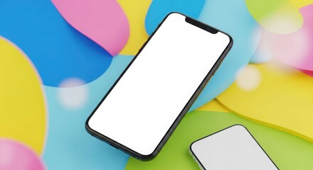 Modern smartphones with blank screens displayed on a vibrant colorful background.