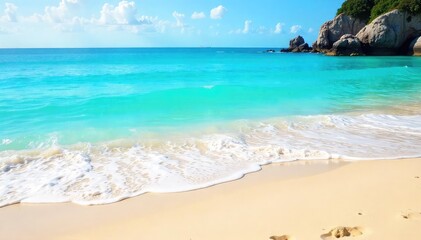 Wall Mural - Sun-drenched beach scene with clear blue water, inviting waves, and soft golden sand perfect for a relaxing day Ideal for summer vacation, travel, and holiday themes , beautiful, holiday, carefree