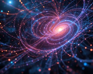 Dynamic abstract visualization of a vibrant digital network, featuring glowing particles and swirling energy lines, symbolizing advanced data flow, interconnected systems, and modern technology