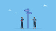© Saklarboy - Business people at facts vs myths directional sign. Fact vs Myth, truth or false information to make decision, belief or fiction to choose to believe, trustworthy, fraud or wrong direction.
