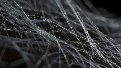 Macro photograph of a delicate spider web covered in water droplets, capturing intricate silk patterns, fine details, and natural beauty of arachnid craftsmanship in a close-up view