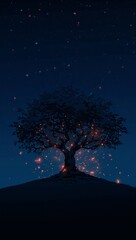 Wall Mural - Minimalist anime ancient tree glowing faintly surrounded by drifting fireflies