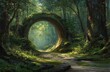 © AndiAzis - Serene forest scene with a natural circular opening in dense greenery, illuminated by soft sunlight filtering through trees