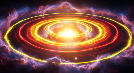 a vibrant, abstract representation of a celestial body with concentric rings of light radiating outw