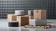 © JuanB - Cardboard boxes stacked warehouse display lifestyle product photography modern commercial branding stylish composition packaging design