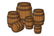 © Permelia - Set of wooden barrels. Vector cartoon illustration. Old rustic cask for wine, beer, whiskey. Oak container for alcohol. Vintage keg for brewery, distillery, pub, tavern.