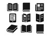 © Mammie - Reading literature solid icon set. Book silhouette symbols. Library study publication concept. Ebook, newspaper, magazine icons. Education knowledge pictogram glyph collection.