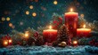 © aileen - Festive Christmas background with red candles, pine cones on snow, bokeh lights, dark night sky, ultra-realistic 3D render.