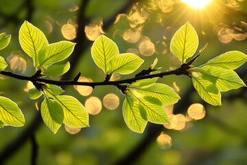 branch with green leaves against golden sunset bokeh. spring regrowth concept. nature background for
