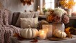 © Harry - Create a cozy autumn mood with pumpkins and candles in this elegantly styled living space decor arrangement