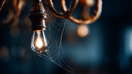 A single cobweb strand hanging from vintage chandelier with dim light, close crop, soft focus