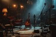 © arfet - A dimly lit recording studio with an acoustic guitar
