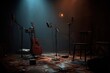 © Manpcis - Acoustic guitar on stage, lit by spotlights, with microphones and equipment