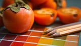 Abstract layout with sliced persimmons, orange paint swatches, and pencil