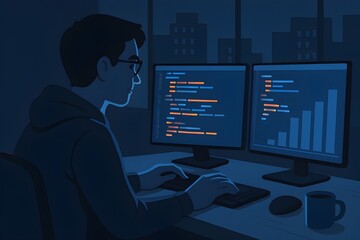 Code Composer: A programmer engrossed in coding on a dual-monitor setup late into the night, illustrating dedication and technological expertise. 