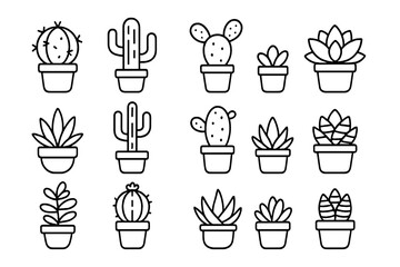 Cactus succulent icon set line art. Vector houseplant, botanical pot plant symbol. Minimal desert flora. Outline pictogram for web, UI, app design. Editable stroke.