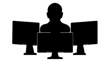 Silhouette of person sitting behind three computer monitors in a dark monochrome illustration style image