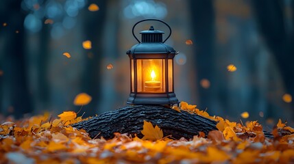 Wall Mural - cozy lantern glowing in an autumn forest
