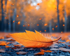Wall Mural - a delicate autumn feather rests on a golden maple leaf amid a soft breeze