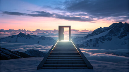 A mystical glowing doorway stands at the end of a grand staircase atop a cloudy mountain peak at sunset