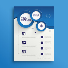 Vector Flyer or Poster Design Template with Abstract Blue Circles, Infographic Timeline, and Modern Corporate Layout