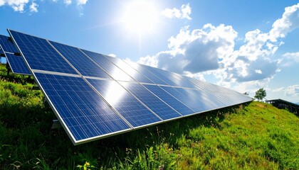Solar panel array on grassy hillside in mountainous landscape under sunny sky—sustainable energy setup blending technology with nature.