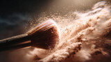 Slow-motion concept of a makeup brush releasing powder onto glowing skin