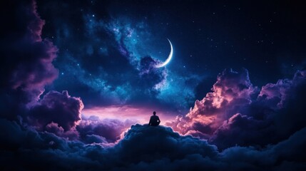 Wall Mural - realistic photograph a man sitting on a cloud in the night sky with clouds and crescent moon lighting the clouds
