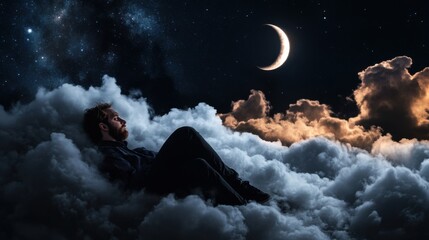 Wall Mural - realistic photograph a man sitting on a cloud in the night sky with clouds and crescent moon lighting the clouds
