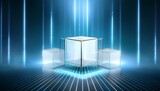 white platform with glowing edges translucent cubes enhance tech focused aesthetic