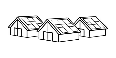 Wall Mural - Vector art of three houses with solar panels on the roof