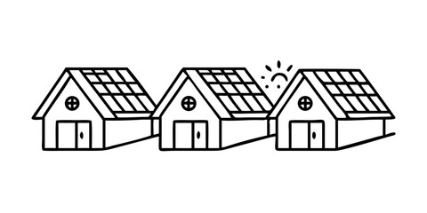 Wall Mural - Vector art of three houses with solar panels on the roof and sun
