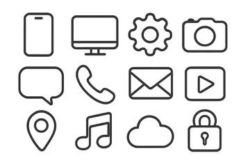 Universal UI UX line icon set for web and mobile app design. Essential interface symbols including phone, settings, camera, message, mail, location, music, cloud and security.