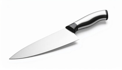 Chef's knife with a stainless steel handle on a clean white surface