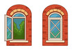 © Jamine - Vector comparison of open and closed arched windows on a brick building facade. Residential architecture illustration. Concept of opportunity, choice, fresh air, privacy, home.