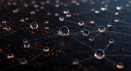 Macro close up of glistening dew drops clinging to intricate spider web threads creating a delicate natural network pattern