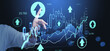 © ImageFlow - Business hand interacting with rising financial chart and glowing upward arrows on digital interface concept background.