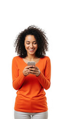 Smiling woman using phone isolated on transparent background