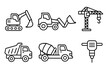 © jasmine - Construction machinery line icon set. Heavy equipment collection with excavator, crane, loader, dump truck, cement mixer, jackhammer. Vector outline symbols for building industry.