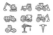 © jasmine - Construction machinery line icon set. Heavy equipment, industrial vehicles and building tools. Excavator, crane, truck, bulldozer outline pictogram collection. Vector symbols.