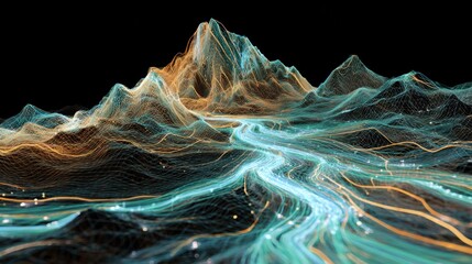 Wall Mural - a vibrant, digital landscape depicts flowing rivers and mountains, illuminated by glowing lines agai