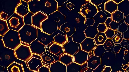 abstract dark colored background adorned with geometrically patterned orange glowing hexagonal shapes reminiscent of honeycomb structures