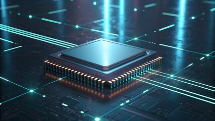 closeup of computer chip on circuit board, technology concept, electronics design, engineering proje