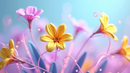 Yellow and pink flowers with blue leaves and bokeh nature