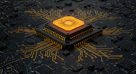 Central Processing Unit: A high-angle view of a sleek CPU, showcasing an intricate network of circuits and processors, symbolizing modern computing and technological innovation. 