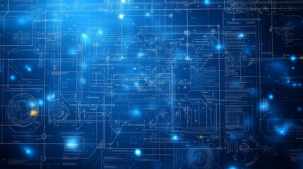 A futuristic digital background with a complex blue network of lines and data.
